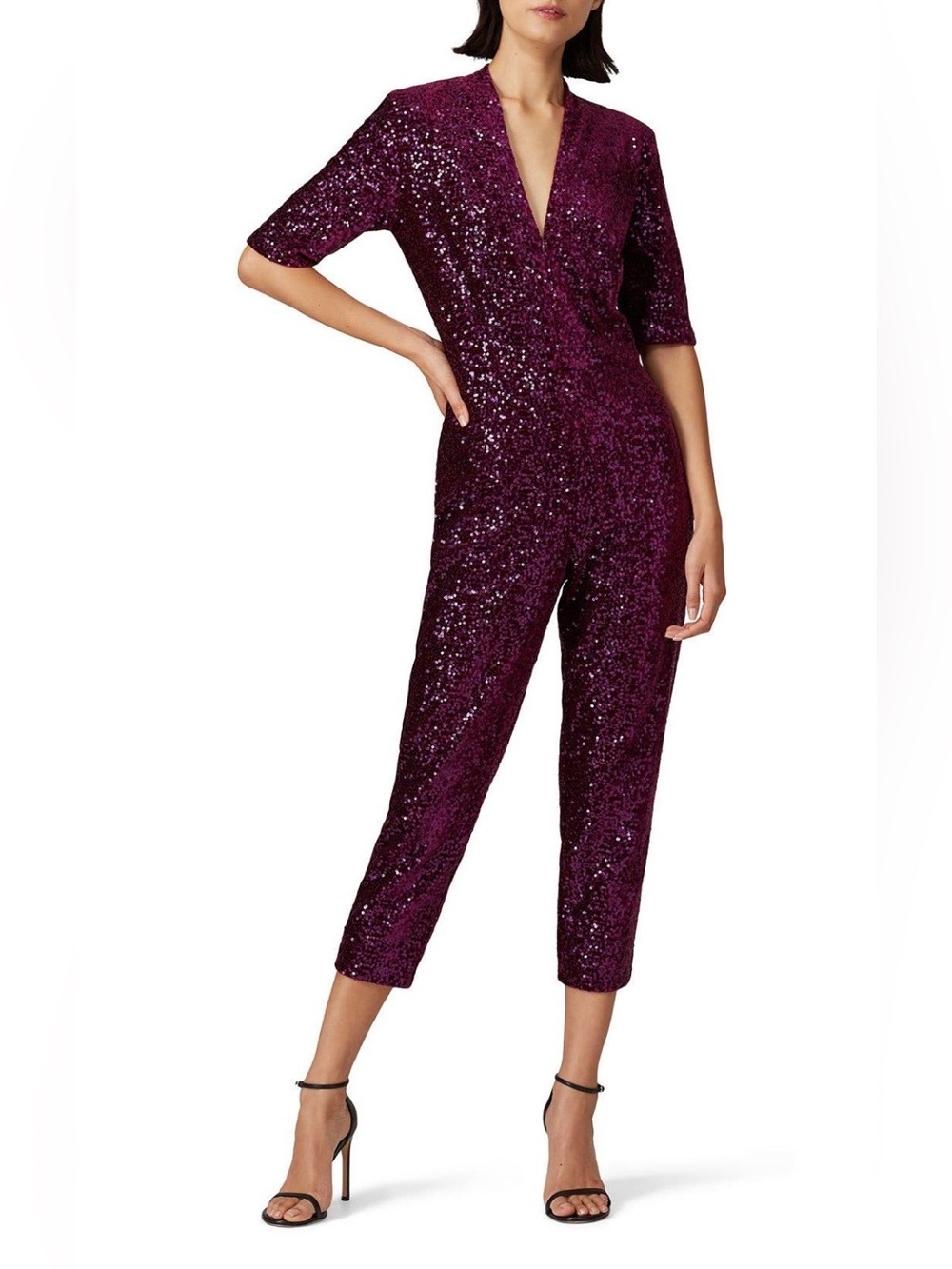 Amanda Uprichard~Plum Sequin V-Neck Cropped Jumpsuit~Size Small~$286~